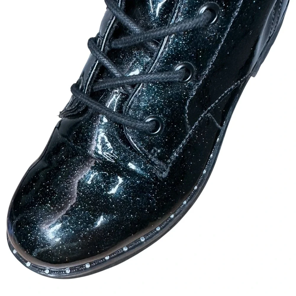 Jellypop Girls‎ Punky Black Green Glitter Patent Combat Boots Size 3M Side Zip